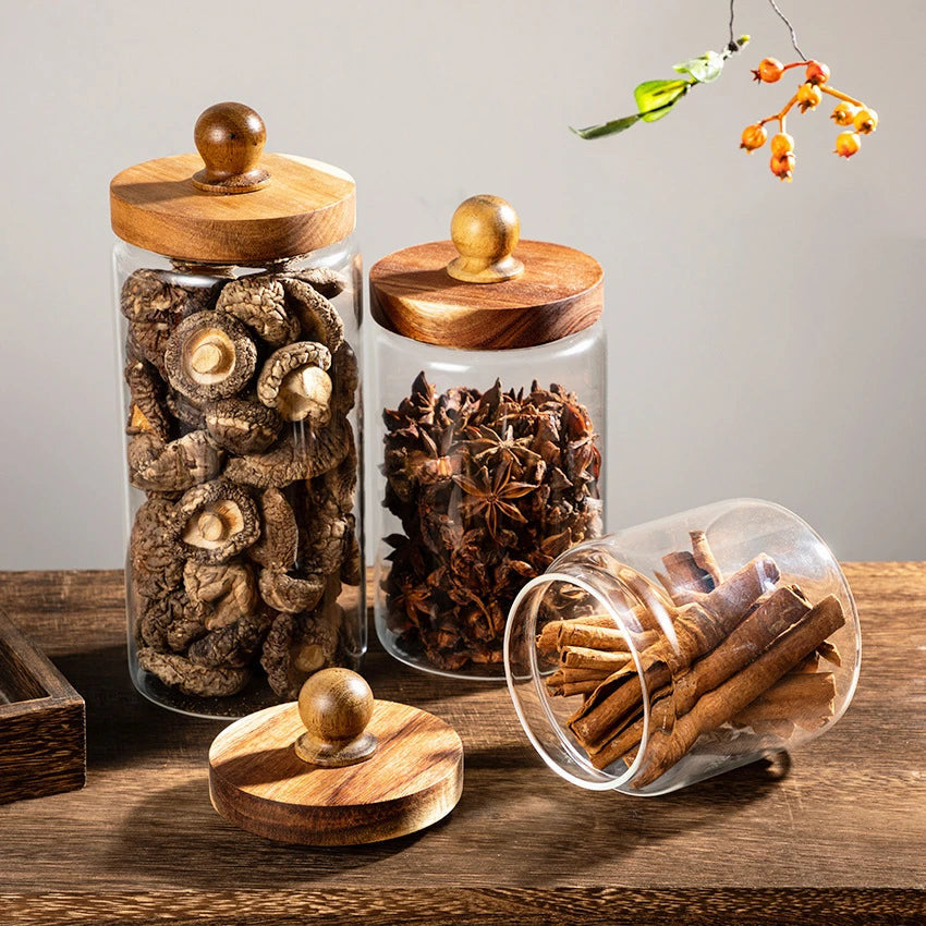 Natural Wooden Glass Jar With Lid Storage