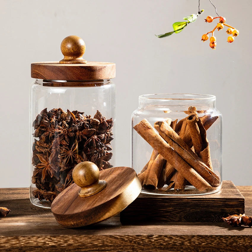 Natural Wooden Glass Jar With Lid Storage